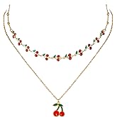 Jojomina Cherry Necklace for Women 2PCs 14K Gold Plated Layered Dainty Pendant Cute Summer Fruit Jewelry Accessories