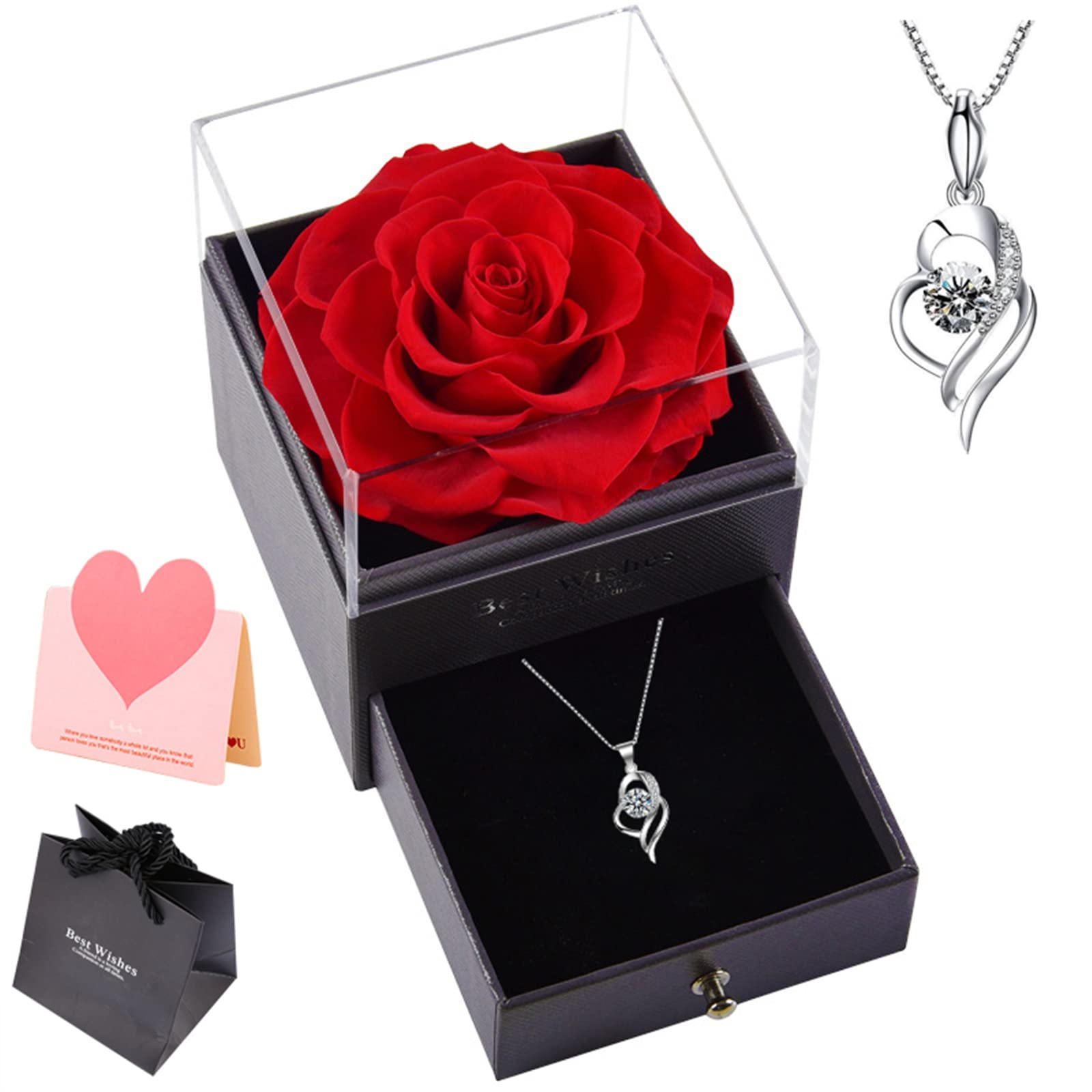 Mdecors Preserved Real Red Rose with Sterling Silver Necklace Jewelry Gift Box Pendant Eternal for Mum Mother's Day Valentine's Birthday Gifts Women Girlfriend