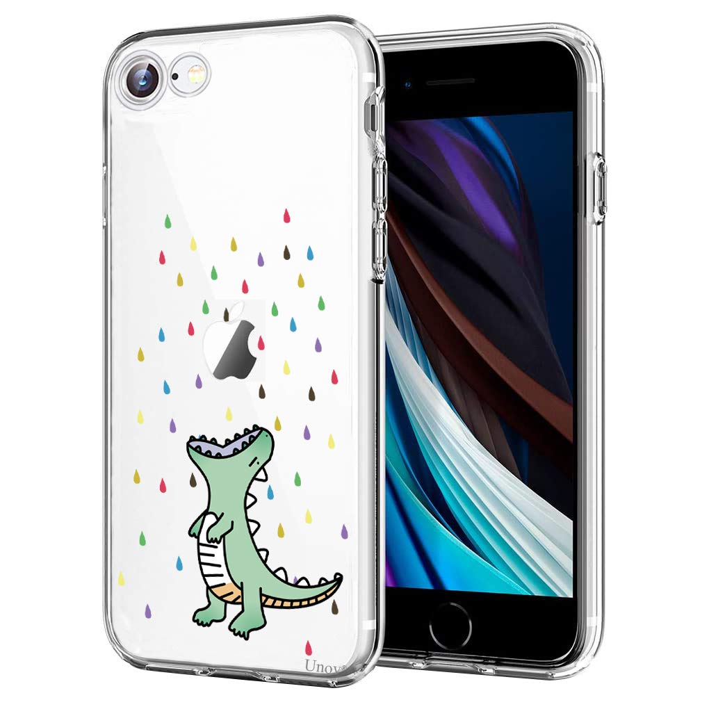 Unov Case Compatible with iPhone SE 2022 iPhone SE (2020) iPhone 8 iPhone 7 Case Clear with Pattern Embossed Design TPU Soft Bumper Shock Absorption Slim Protective 4.7 Inch (Rainbow Dinosaur)