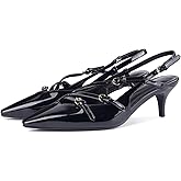CORNMOOD Slingback Kitten Heels for Women Pointed Toe Stiletto Low Heels with Buckle Strap Heeled Pumps Sandals