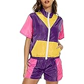 Yisfri Women's Color Block Windbreaker 2 Piece Outfits Short Sleeve Zip Front Elastic Waist Tracksuit Set