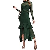 SEBOWEL Women's Long Sleeve Maxi Dress Ruched Bodycon Formal Cocktail Dress for Wedding Guest Evening Dresses for Women