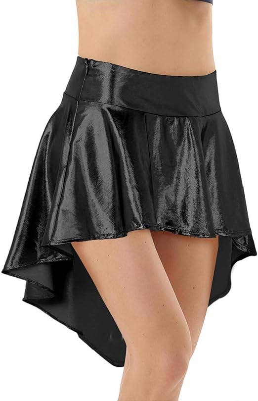 TiaoBug Women's Shiny Metallic Skater Skirt High Low Pleated Flared A