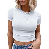 Allimy Womens Summer Short Sleeve Slim Fitted Tshirt Round Neck Ribbed Crop Tops
