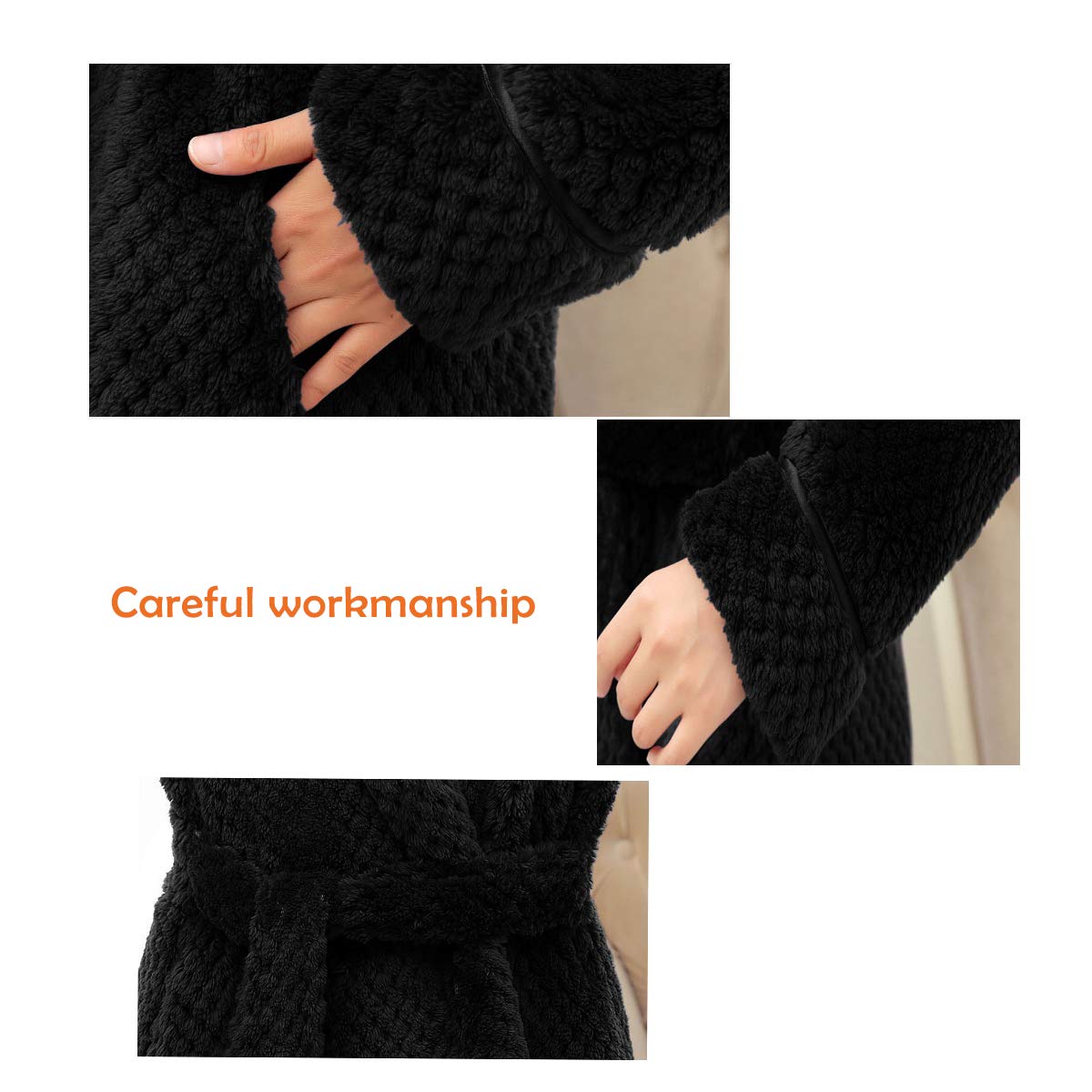 Womens Long Thick Fleece Robe Warm Waist Belt Plush Black Bathrobe(Black,S/M)