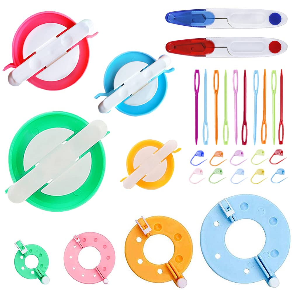 Pom-pom Maker, Fluff Ball Weaver - 8 Sizes, Needle Craft DIY Wool Knitting Tool Set for Kids & Adults - Includes Scissors, Plastic Needles, Knitting Stitch Markers (30) — image 1