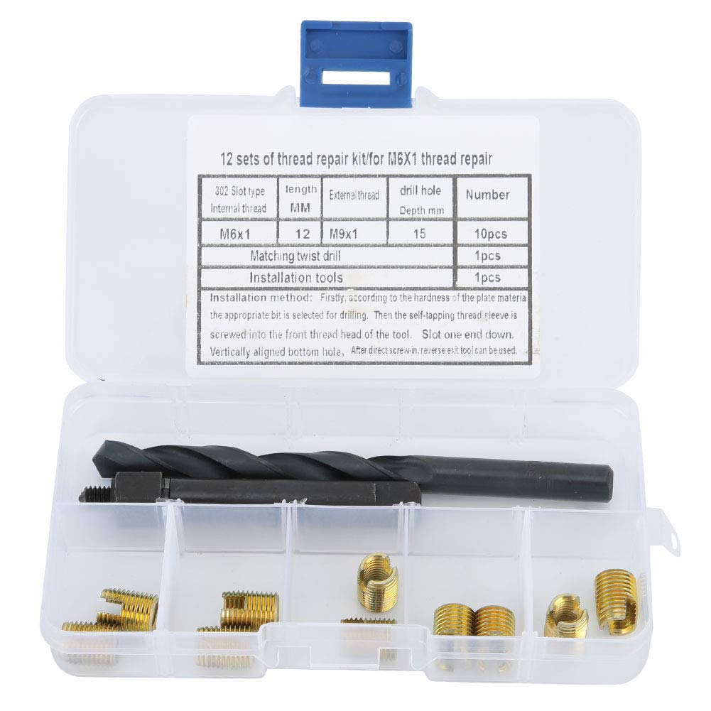 12Pcs Thread Repair Kit, M6 x 1mm (Outer diameter M9 x 1） Self Tapping Thread Insert Drill Bit Installation Tool Useful Carbon Steel Hand Tool Set for Auto Repairing