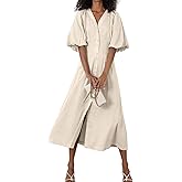 chouyatou Women Summer Puff Sleeve Button Down Shirt Dress Flowy Elegant Business Casual Midi Long Dress