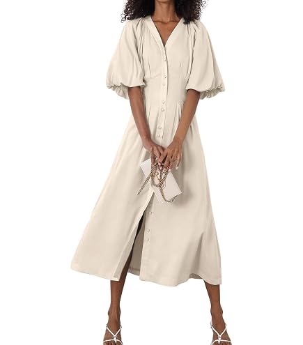 CIDER Dresses for Women Linen Blend V Neck Ruffle Ruched Midi Dress Solid Regular Fit Mid Waist Fall Dress Beige at Amazon Women's Clothing store