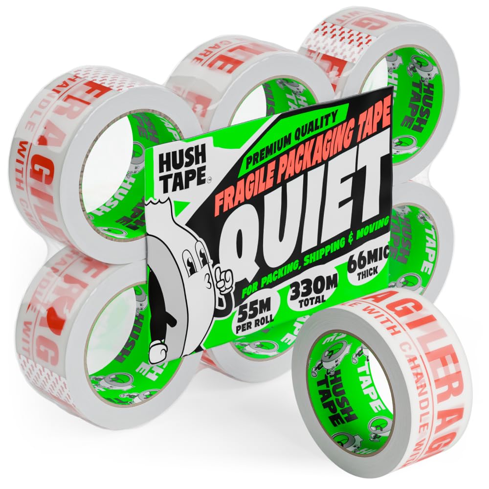 Hush Tape - Heavy Duty Low Noise Fragile Tape for Packing Boxes, Shipping, and Moving - Clear Parcel Packaging Tape, Extra Strong Fragile Packing Tape, 66 Micron, 48mm x 55m (6 Rolls)