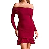 XinFSh Sexy Long Sleeve Bodycon Mini Dress for Women Fall Off The Shoulder Ruched Ruffle Hem Short Party Club Dresses