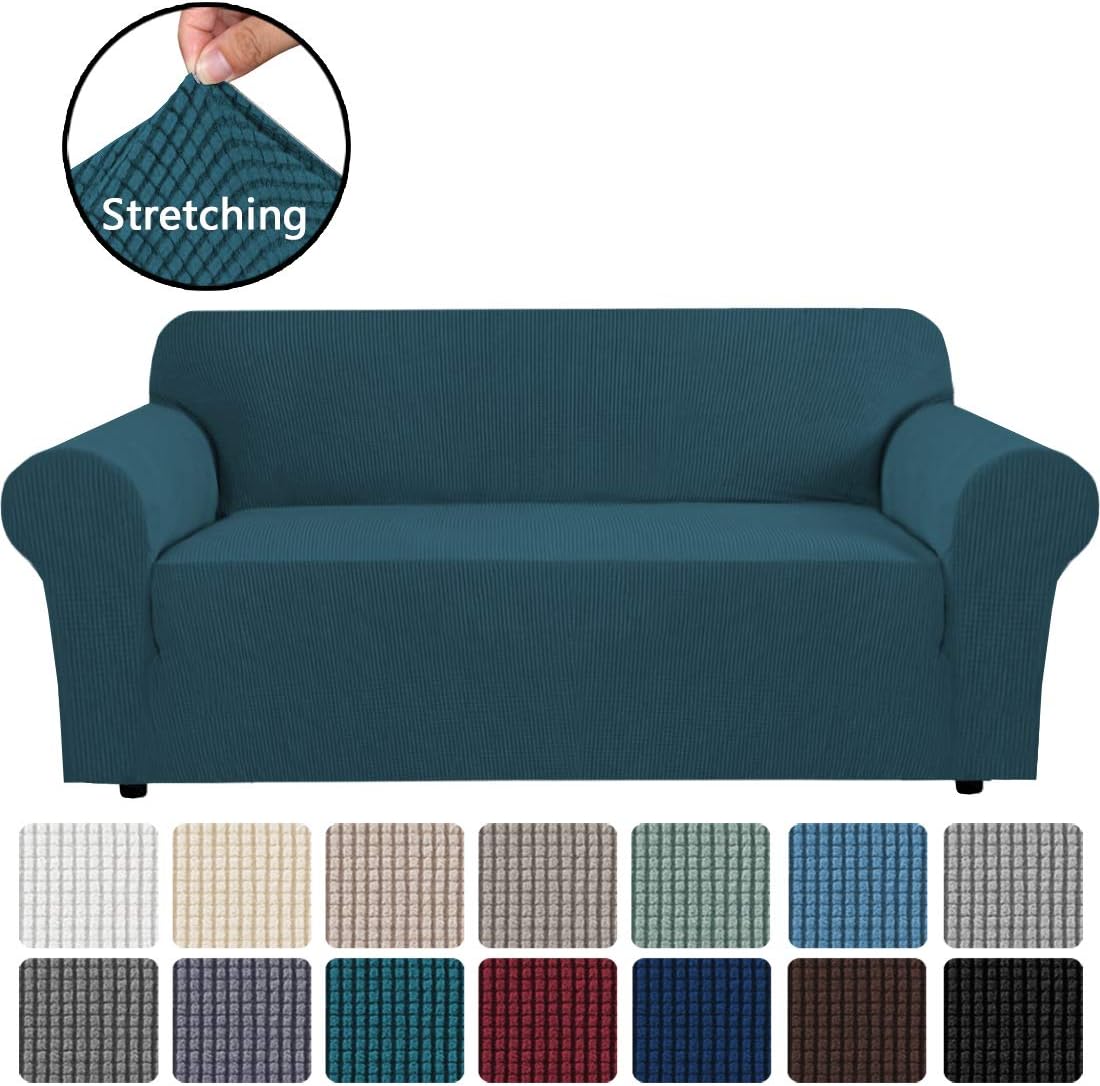 H.VERSAILTEX Stretch Sofa Covers Couch Cover Furniture Protector Feature High Spandex Textured Sofa Slipcover Small Checks Jacquard Lounge Cover for 3 Cushion Sofa (72"-96" Wide: Chocolate): Home & Kitchen