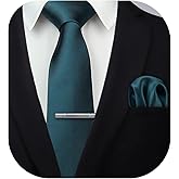 HISDERN Mens Ties Solid Color Wedding Ties and Pocket Square Neckties Clip Sets Business Formal Satin Ties for Men