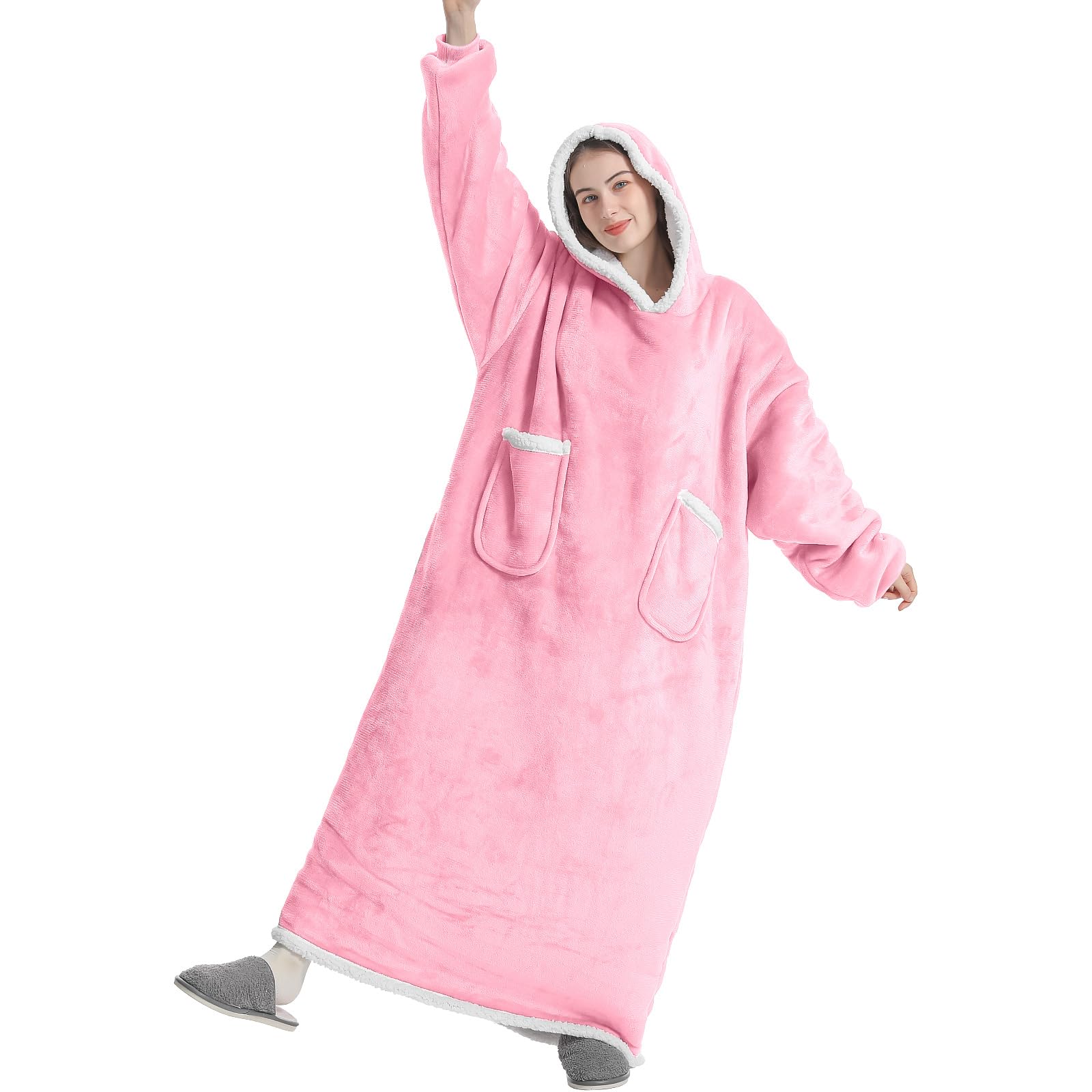 Extra Long Hoodie Blanket, Oversized Sherpa Hoodie Blanket for Women and Men, Wearable Blanket Hoodie with Sleeves and Giant Pocket (Pink, 150 Long)