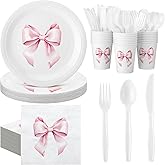 Sieral 144 Pcs Pink Bow Party Supplies Coquette Cute Supplies Bachelorette Party Tableware Set with Pink Bow Paper Plates Napkins Cups for Engagement Girl Birthday Baby Shower Wedding