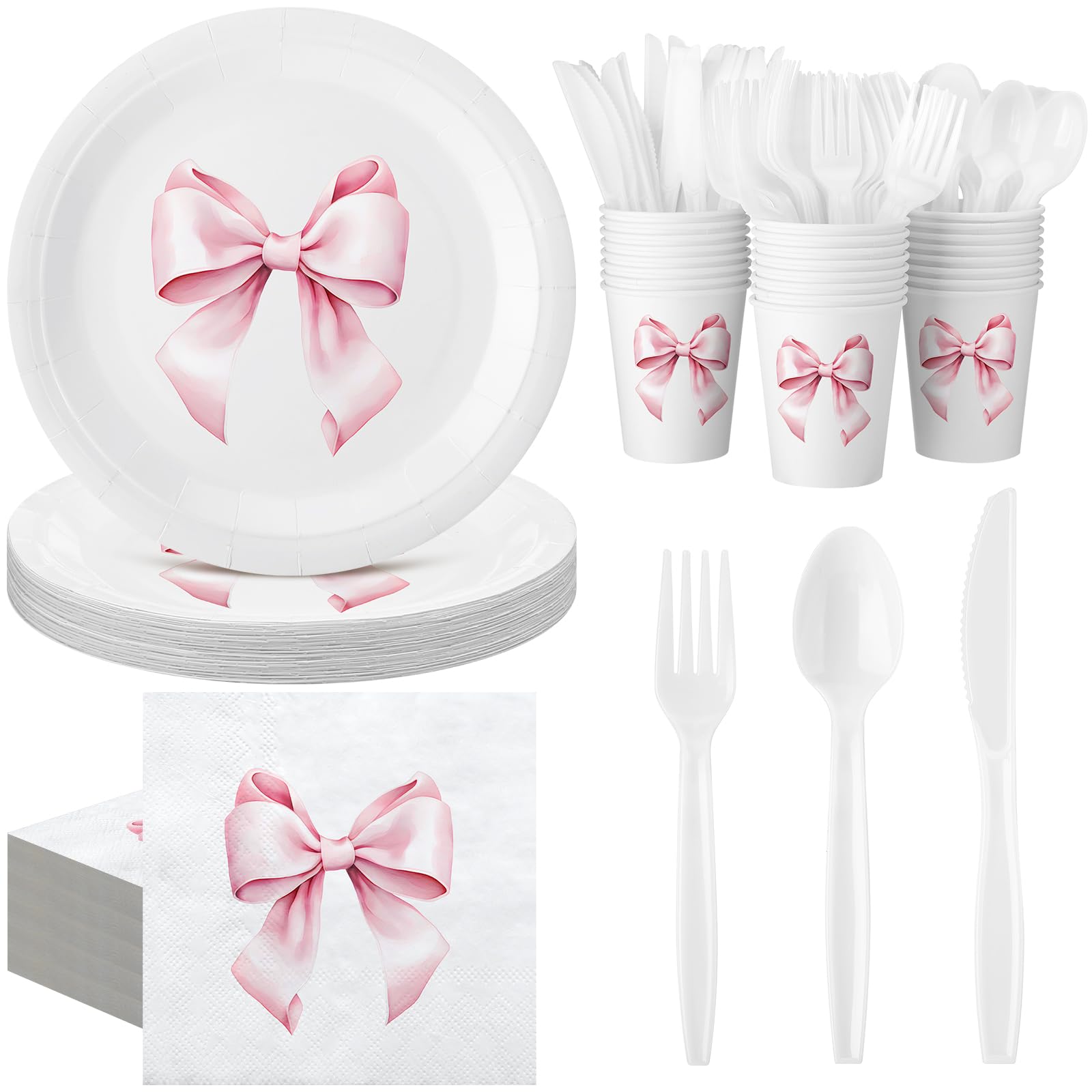 Photo 1 of Sieral 144 Pcs Pink Bow Party Supplies Coquette Cute Supplies Bachelorette Party Tableware Set with Pink Bow Paper Plates Napkins Cups for Engagement Girl Birthday Baby Shower Wedding