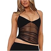RoseSeek Women's Sheer Mesh Camisole Tops Ruched V Neck Spaghetti Strap Crop Tank Top