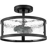 Farmhouse Semi Flush Mount Ceiling Light Black Light Fixtures Ceiling Mount 2-Light with Hammered Glass for Bedroom Kitchen B