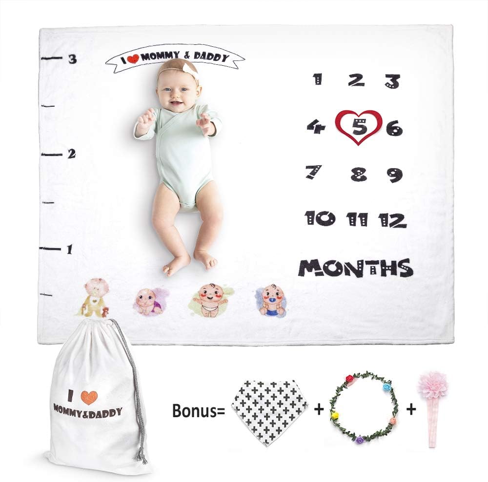 wanlvkang Organic Baby Milestone Blanket, Track Monthly Growth for Boy Girl Thick Flannel Personalized Month Photo Prop Background Blanket for Mom Newborn Not Wrinkle Fade with Bib (47" x 43")