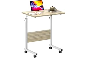 SogesHome 23.6 inch Adjustable Mobile Bed Table, Rolling Portable Desk Laptop Computer Stand Desks with Tablet Slot Cart Tray, Maple White