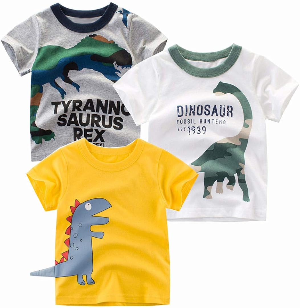 Toddler Boy Tees Short Sleeve Tops T-Shirt Summer Graphic Crewneck Cotton Casual Tshirt 3 Packs Sets: Clothing