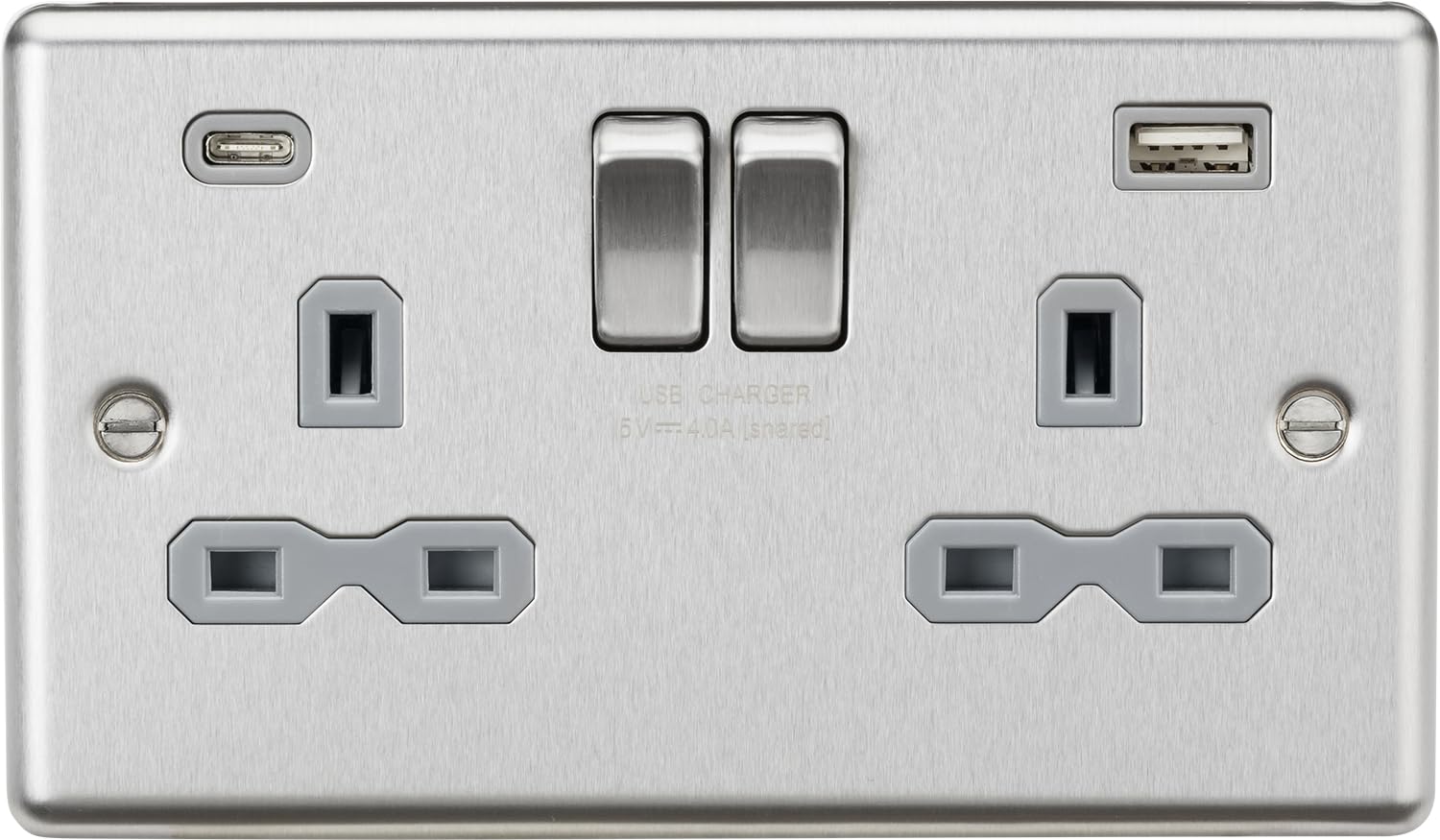 13A 2G SP Switched Socket with dual USB C+A 5V DC 4.0A [shared] - Brushed Chrome with grey insert