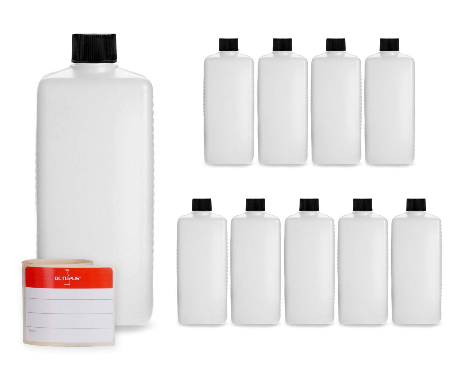 10x 500 ml Octopus plastic bottles, HDPE plastic bottles with black screw caps, empty bottles with black screw caps, square bottles incl. labels
