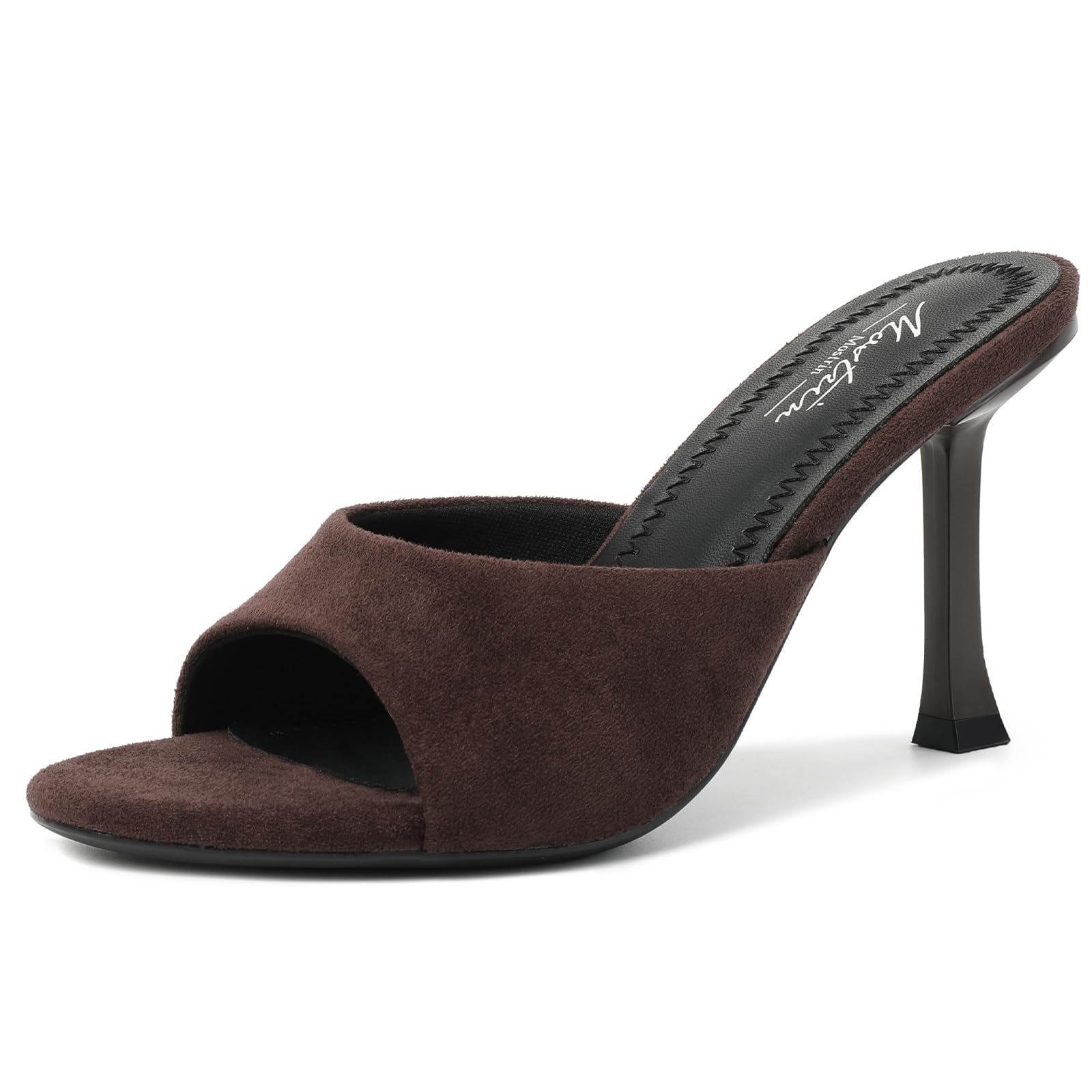 Photo 1 of Mostrin Dark Brown Suede Kitten Heels Open Round Toe Mules High Heels for Women Sexy Slip On Backless Heeled Sandals for Party Wedding Size 8.5