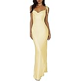 UEZOU 2026 Satin Cowl Neck Spaghetti Strap Slip Maxi Dress for Women Tie Strap Formal Wedding Guest Dresses with Slit