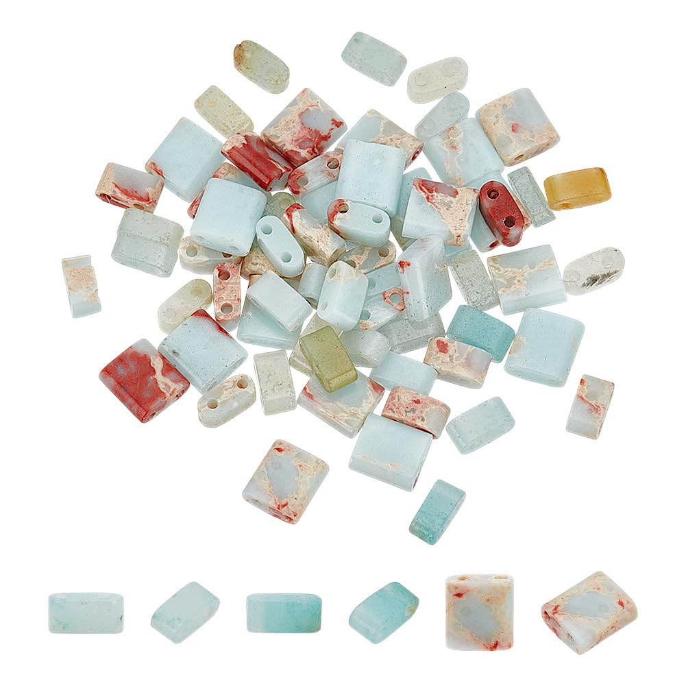 arricraft 72 Pcs Natural Flower Amazonite Beads, 2 Sizes 2-Hole Jasper Gemstone Seed Beads Flat Rectangle Loose Beads Crystal Spacer Beads Connectors for Jewelry Earring Making