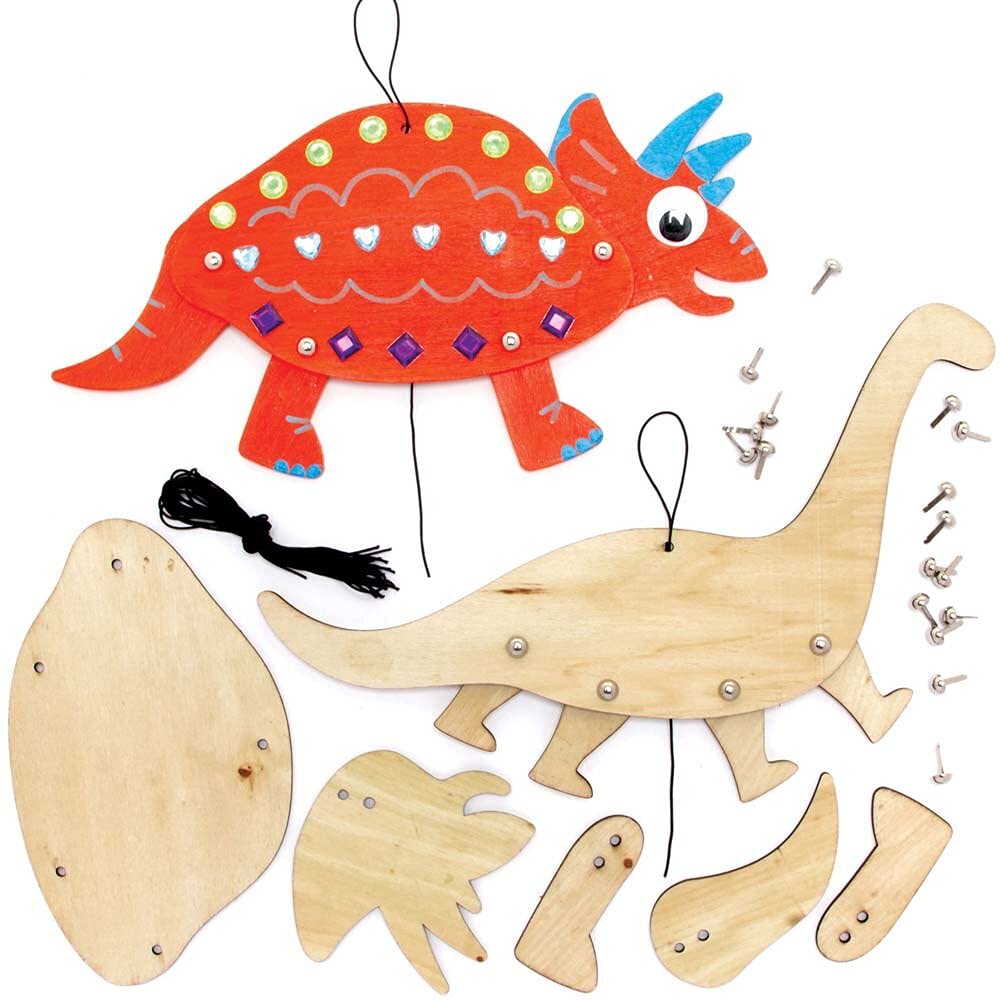 Baker Ross Dinosaur Wooden Puppet Kits - Pack of 4, Build Your Own Dinosaur Puppets, Wooden Model Kit for Kids