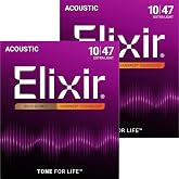 Elixir Strings, Acoustic Guitar Strings, 80/20 Bronze with NANOWEB Technology, Longest-Lasting Bright and Focused Tone For Life with Comfortable Feel, 6 String Set, Extra Light 10-47 (Pack of 2)