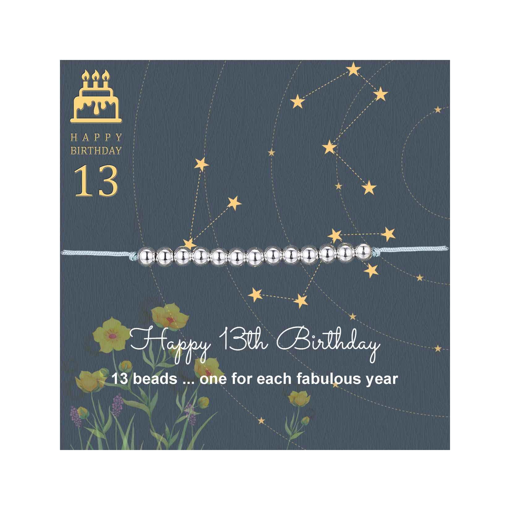 Happy 13 Year Old Gifts for Girls - Sterling Silver Bead Bracelet for 13th Birthday Gift, Adjustable Jewelry 7" - 9" Cord