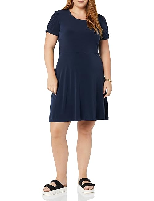 Amazon Essentials Women's Gathered Short Sleeve Crew Neck A-line Dress (Available in Plus Size), Navy, Small
