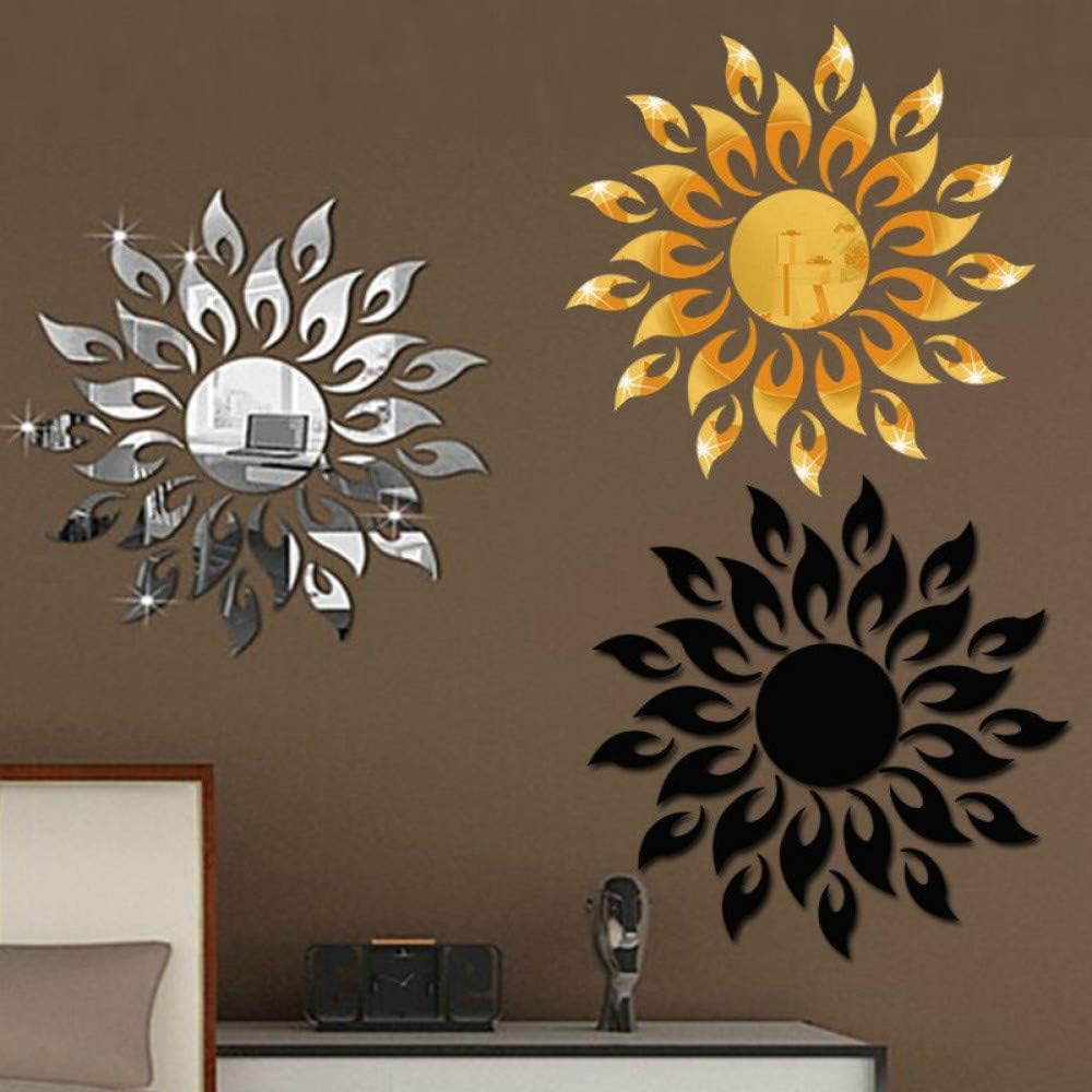 JUMRHFAN 3D Sunflower Mirror Wall Stickers Round Acrylic Living Room Bedroom TV Background Wall Decals Marriage Room Entrance Home Decor (Silver) - Image 4