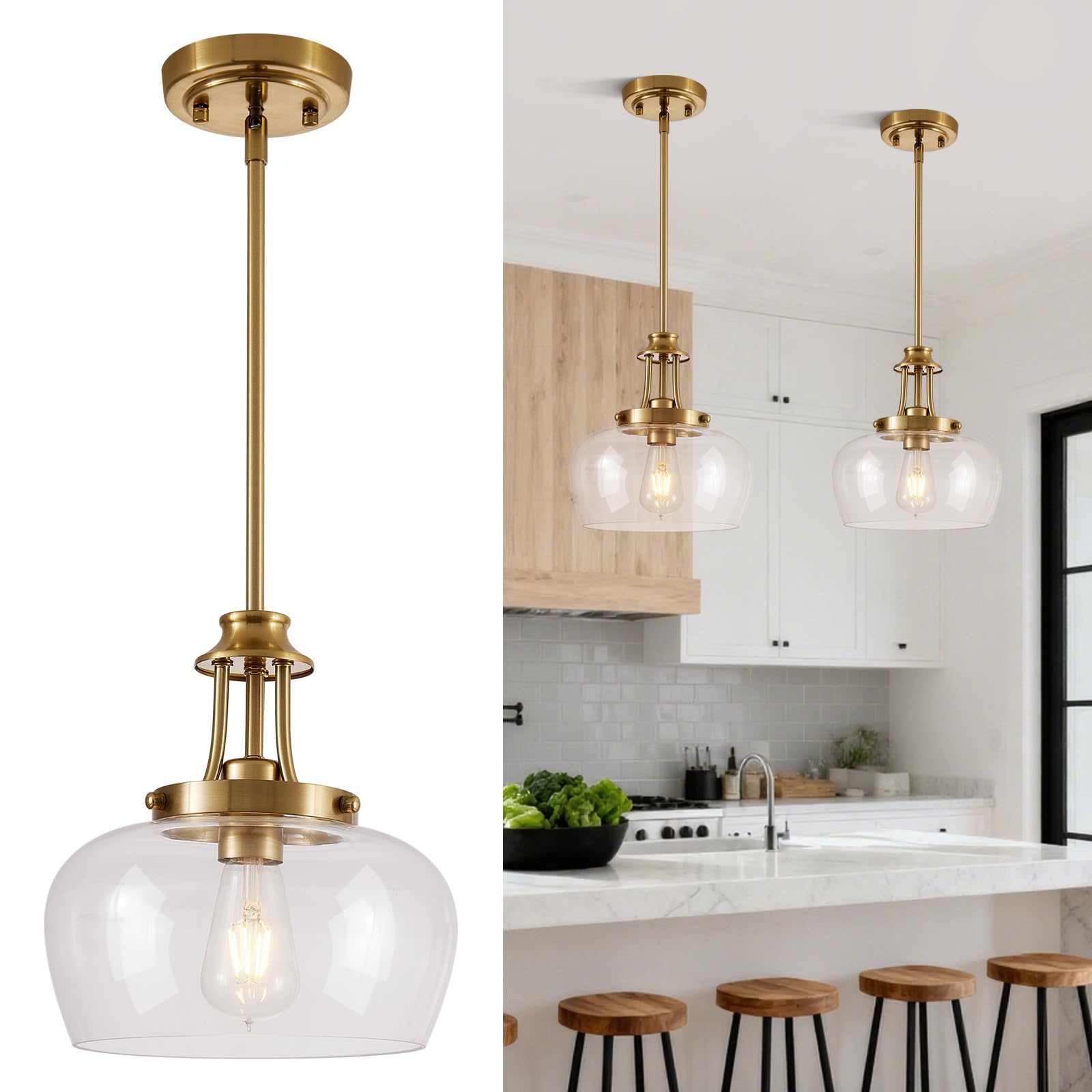 Photo 1 of Modern Pendant Lights Kitchen Island, Brushed Gold Pendant Light Fixtures with 10" Clear Glass Shade, Industrial Hanging Pendant Lights Fixture for Kitchen Island Dining Room Bedroom Foyer Entryway