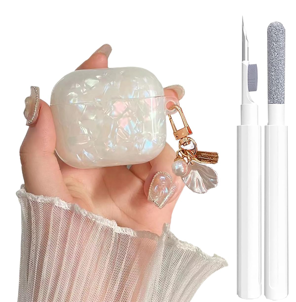 Cute Case for Airpods 4 Gen Cover Girl Women with Cleaner Pen, Shell Pattern Airpods iPod 4 Generation Cover Protective Skin with Luxury Pearl Keychain, Colorful