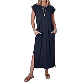 ANRABESS Women Summer Maxi Dress 2026 Casual Loose Cap Sleeve Crewneck Split Beach Vacation Long Sundress with Pockets