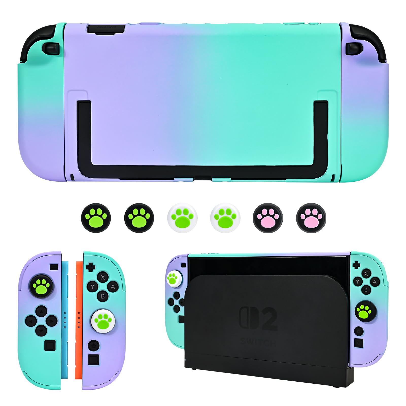 DLseego Protective Hard Case for Nintendo Switch 2 (2025), PC Grip Cover for Joy Con, Detachable JoyCon Controller Protectors-Shockproof& Scratch-Resistant Console Shell, 6 Thumb Grips - Purple Green