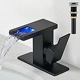 AVSIILE LED Bathroom Sink Faucet, Matte Black Waterfall Single Hole Handle Vanity Faucets for Sinks 1 Hole with Metal Pop Up Drain and 2 Water Supply Lines, Side Handle