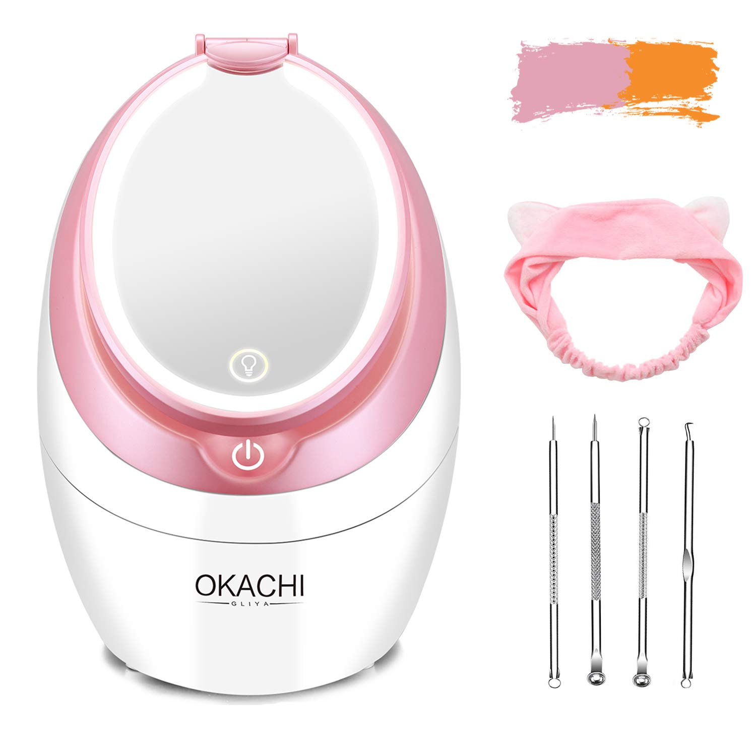 OKACHI GLIYA Nano Mist Face Steamer - Warm Mist Spa Facial Steamer Sprayer with LED Makeup Mirror - Home Sauna Humidifier Deep Moisturizing - Blackhead Remove Pores cleanse (Pink1): Beauty