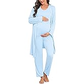 SWOMOG Maternity Nursing Robe Set 3 PCS Postpartum Breastfeeding Pajamas Lounge Hospital Pregnancy Pjs with Robe