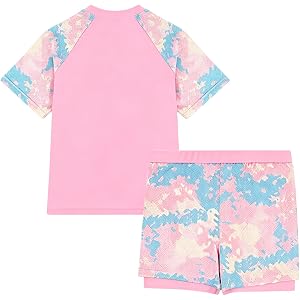 Girls Short Sleeve Rash Guard Swimsuit Size 5-12, Kids Swim Shirt and Shorts Set, Bathing Suit 2 Piece Tankini Swimwear