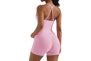 OMKAGI 2 Piece Workout Sets for Women Padded Sports Bra Tank Booty Gym Shorts with Pockets