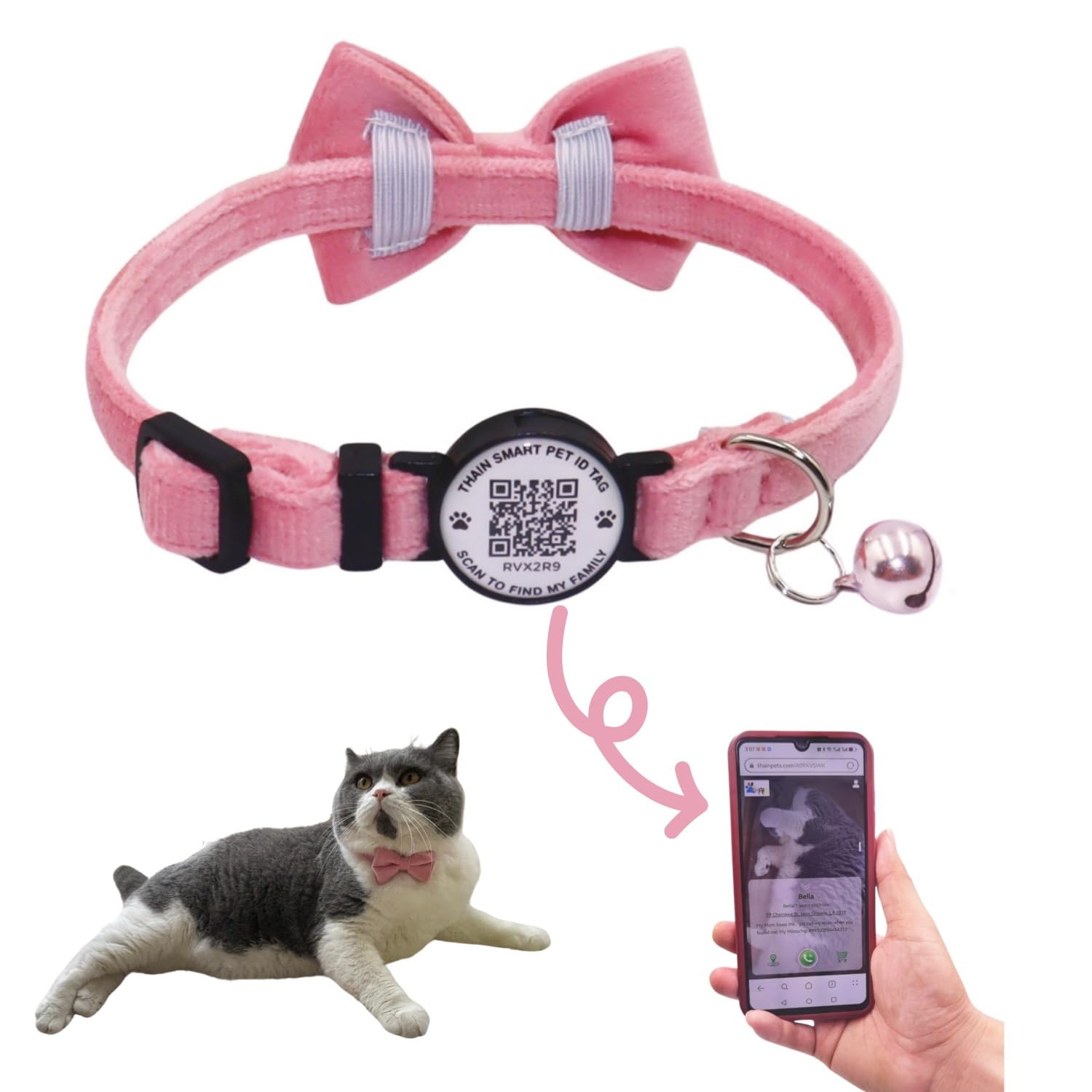 THAIN Personalised Cat Collar with bell and Bowtie Breakaway QR Code Name Smart ID tag quick release soft comfortable collar for cats and kittens (Pink)