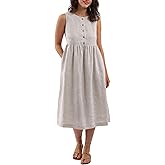 Amazhiyu Women's 100% Linen Sleeveless Button Front Pleated Summer Midi Dress