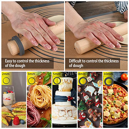 Adjustable 16 inch Wood Rolling Pin with Thickness Rings + NonSlip