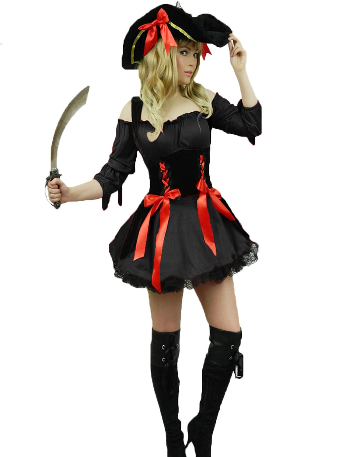 Yummy Bee - Pirate Costume Women - Pirate Fancy Dress - Ladies Halloween Costumes Adult - Plus Size Womens Fancy Dress Costume Size 6-22 - Dress Hat (18-20, Black)