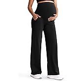 Mama Land Maternity Wide Leg Pants Over Bump - Soft Stretchy Yoga Pregnancy Pants with Pockets for All Trimesters