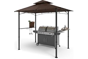COOSHADE 8'x 5' Grill Gazebo Double Tiered Outdoor BBQ Gazebo Canopy with LED Light (Brown)